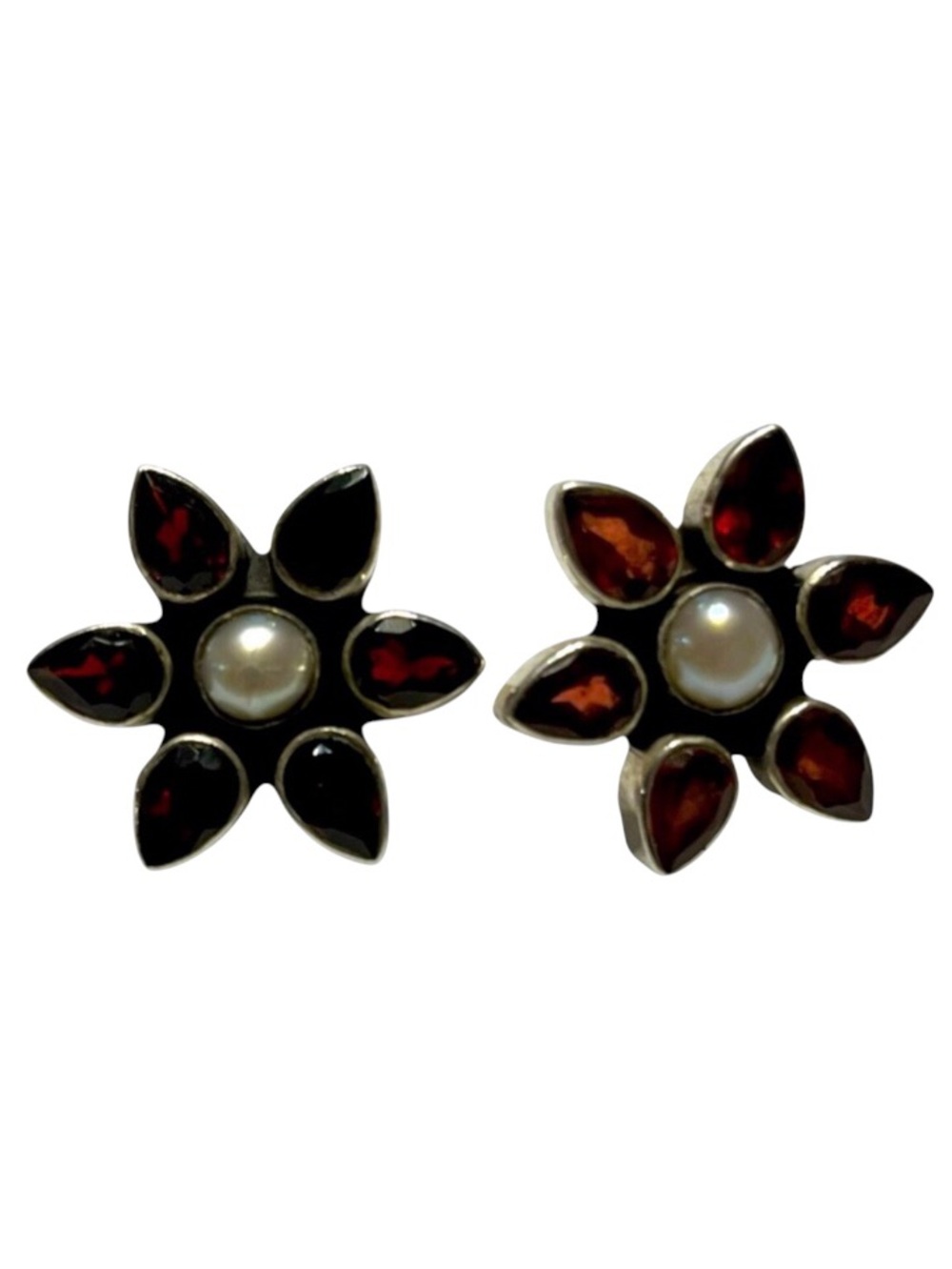 Sterling Silver India, Garnet and Pearl post earrings.